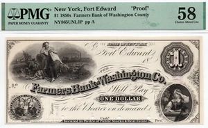 1850s Proof $1 Farmers Bank of Washington County, Fort Edward NY -PMG 58! Selten - Bild 1 von 3