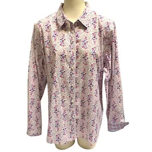 LL Bean Womans Floral Button Up Shirt Size Large Long Sleeve Blue Wine Flowers - Picture 1 of 11