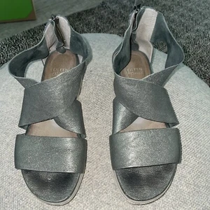 Eileen Fisher Sandals SZ 6.5 Metallic Silver Gray Criss Cross Leather Zip Shoes - Picture 1 of 10