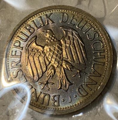 Germany 1964 J One 1 Mark Rainbow Toned BU Coin KM# 110 Rare in High Grades - Image 1 of 4