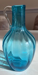 Vintage Beacon (approx. 1947) Hand Blown Aquamarine Glass Ribbed Jug Pitcher - Picture 1 of 1