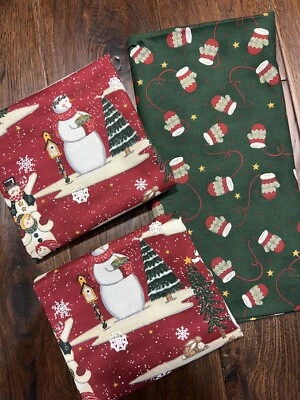 MODA Deb Strain Warm & Wooly Winter- Green Mittens & Snowman 1 3/4 Yd Total Rare - Image 1 of 4