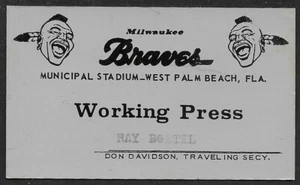 Milwaukee Braves 1963 entrenamiento de primavera pase de prensa de trabajo en muy buen estado-ex+ - Imagen 1 de 1