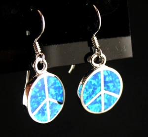Lab Created Opal Peace Sign Dangle Earrings Sterling Silver .925 Wire Blue Green - Picture 1 of 3
