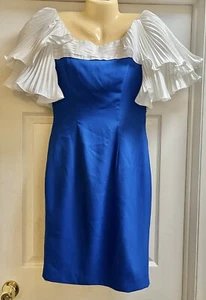 Vtg 80s ZAKURA Blue White Cocktail Dress Butterfly Sleeves Formal Party Sz 12 - Picture 1 of 7