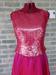 Vtg .90s : ADRIANNA PAPELL Silk Sequined-Beaded TOP Pink- Fuschia Med Fine++ - Picture 1 of 5