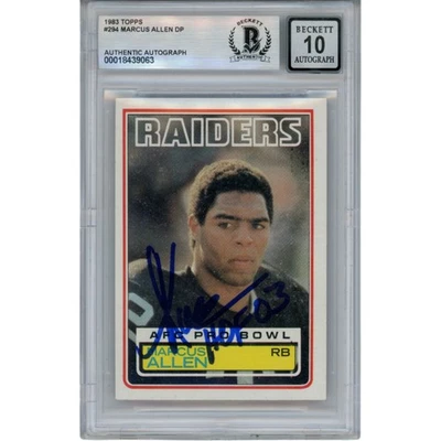 Tarjeta coleccionable autografiada por Marcus Allen 1983 Topps #294 HOF 10 losas Beckett 53377 Foto 1 de 2