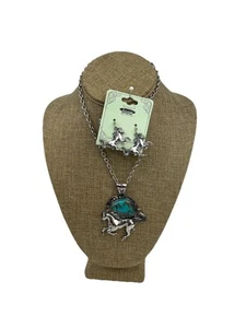 Western Galloping Horse Pendant Necklace & Earring Set Faux Turquoise Stone NWT - Picture 1 of 12