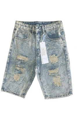 Pantalones cortos de mezclilla desgastados para hombre talla 28 pantalones cortos de jean azules rasgados ropa de calle informales Foto 1 de 3