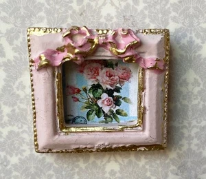 Miniature Dollhouse 1" French antique Postcard ROSES pink frame TINY bow - Picture 1 of 5
