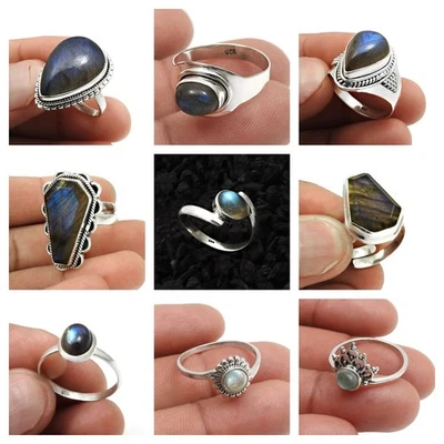 Naturale Pietra Labradorite Trendy Anelli Misura 9 925 Argento Regalo per Donne - Immagine 1 di 4