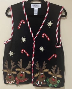 VTG Heirloom Collectibles Sz L Black Cardigan Vest Button Up Christmas Reindeer - Picture 1 of 10