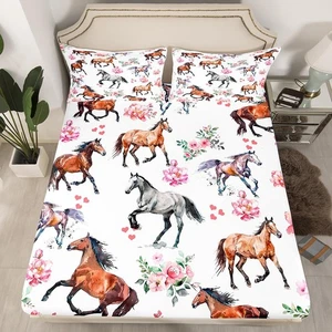 Horse Fitted Sheet Full Size Farm Western Cowboy Cowgirls Bed Sheets Kids Boy... - Picture 1 of 6