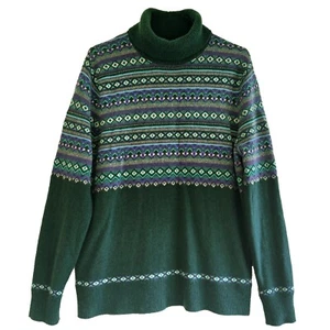 Lands' End Size XL 100% Cashmere Green Purple Cyan Fair Isle Turtleneck Sweater - Picture 1 of 5