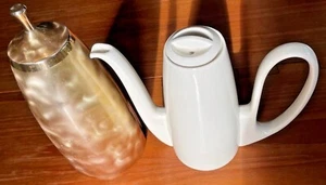 Vintage Mid Century Modern Porzellan Kaffeekanne mit Gold gebürstetem Silberteller gemütlich - Bild 1 von 12