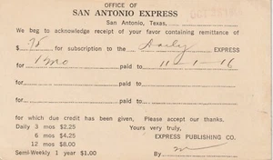San Antonio TX SAN ANTONIO EXPRESS 1916 Postal Card -- Subscription Paid - Picture 1 of 2