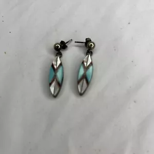 Einzigartige Vintage signierte Teme Navajo Sterlingsilber Türkis Inlay Ohrringe - Bild 1 von 5