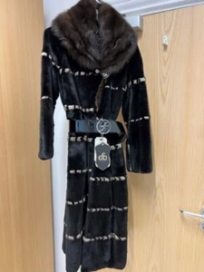 Long black mink coat with sable collar and cream mink stripes with belt - Picture 1 of 1