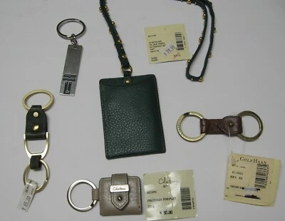 5- Cole Haan Nuevo Llavero FOB- Caramelo/Platino/Jade-Cuero Identificación Collar con Etiquetas Foto 1 de 4