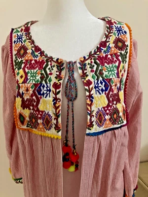  Camisa Mujer Bordada Rayas Rosa Borlas Pom Pom Boho Hippie Talla Única India Foto 1 de 4