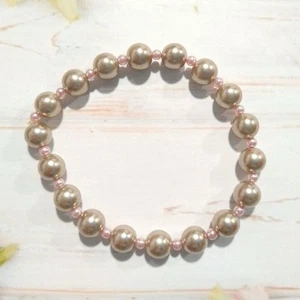 Gold Faux Pearl Pink Beads Stretch Bracelet Wedding Jewelry - Picture 1 of 3