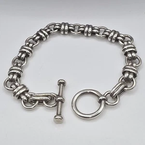 Vintage Taxco Mexico 925 Sterling Silver Bracelet 30g T8-13 Heavy Link Toggle - Picture 1 of 12
