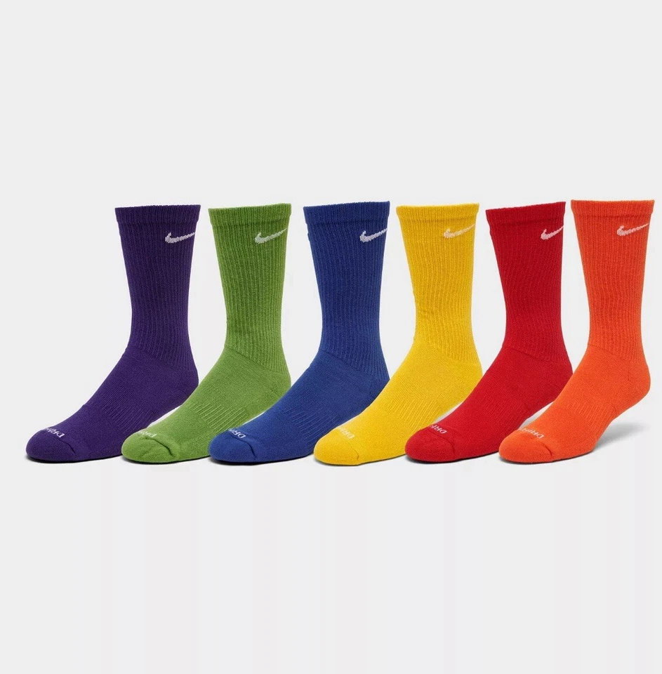 Nike Everyday Plus Cushioned Crew Socks Size L (8-12) Rainbow 3 Pairs SX6897-903