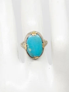 Antique 1900 Edwardian 4ct Natural Turquoise 14k White Yellow Gold Filigree Ring - Picture 1 of 7