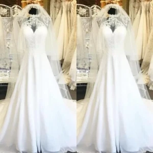 Halter Neck Wedding Dress Sleeveless Chiffon White Ivory Sweep Train Bridal Gown - Picture 1 of 10