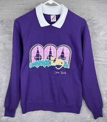Sudadera Vintage Años 90 Gato Nueva York Doble Cuello Púrpura Rosa L Grandmacore Foto 1 de 4