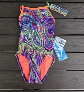 TYR The Finals Youth Girls Radical Foil Swimsuit Flutterback Multi -Size 24 New - Picture 1 of 4