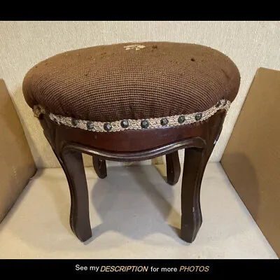 Antique 1860-70s Victorian Black Walnut Round Footstool Needlepoint Top • 90£