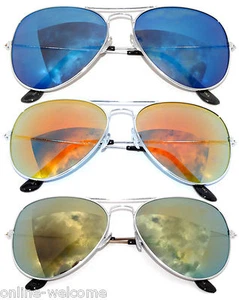 3 PAIRS SILVER FRAME AVIATOR STYLE BLUE RED YELLOW COLORED MIRROR LENS UV 99% - Imagen 1 de 6