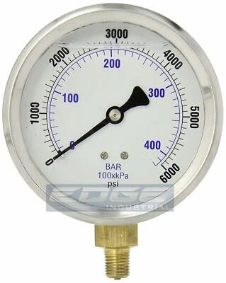 LIQUID FILLED PRESSURE GAUGE 0-6000 PSI, 4" FACE, 1/4" LOWER MOUNT - Image 1 of 2