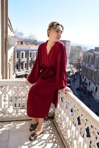 Indian 100%Cotton Maroon Red Solid Plain Japanese Gown Night Kimono Bath Robe US - Picture 1 of 3