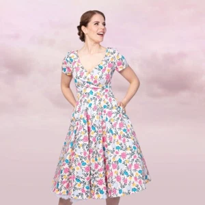 Collectif Clothing 50s style Maria Whimsy Swing Dress Pink Floral M AU UK 12 - Picture 1 of 10