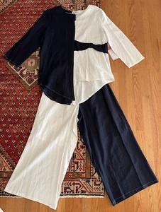 Set tuta pantaloni foderati in lino Lisa Rene XL colorblock colorblock fiocco nuovo con etichette comodo gamba larga - Foto 1 di 7