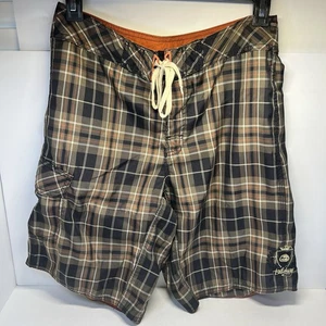 Billabong Plaid Board Shorts Size 33 No Swim Trunk Netting Orange Tan Black Snag - Picture 1 of 24