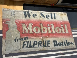 Vintage Original Mobil MOBILOIL FILPRUF Wasserspeier Leinwand Banner Öl Gas Schild - Bild 1 von 24