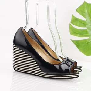 Michael Kors Womens Seaside Pump Size 9 Black Patent Wedge Platform Peep Toe - Picture 1 of 14