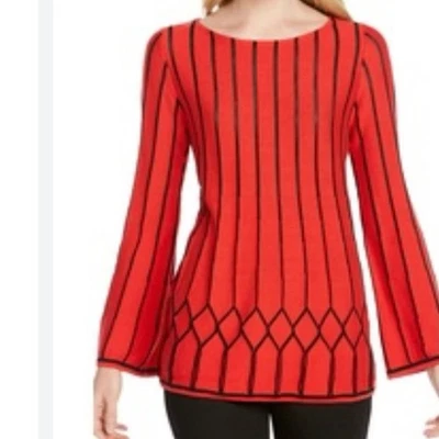 Foxcroft Affina Pointelle Stitch Knit Bell Sleeve Sweater Red Black Size L - Image 1 of 4