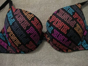 Victoria's Secret Push-up-BH "PINK" 32DD, MEHRFARBIG AUF SCHWARZ, VERSTELLBARE TRÄGER, 2HK - Bild 1 von 5