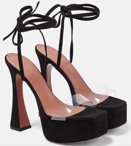 NIB Amina Muaddi Sita Black Suede Tie PVC Platform Sandals Pumps Sz 41 11 $1145 - Picture 1 of 19