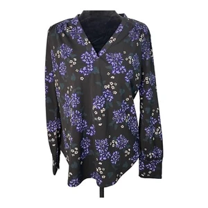 Ann Taylor Factory Long Sleeve Blouse Floral Print V Neck Purple Black Size Med. - Picture 1 of 9