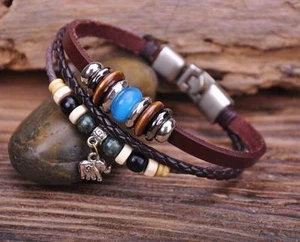 G68 Silver Surfer Leather Wood Stone Beads Wristband Bracelet Cuff Cute Elephant - Picture 1 of 6