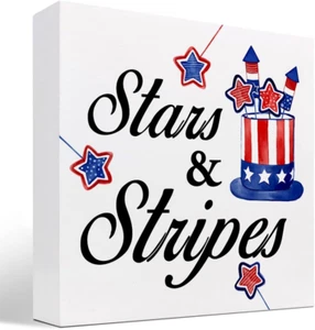 Stars and Stripes Independence Day Patriotic Wood Block Sign Desk Decor,Funny 4T - Picture 1 of 12