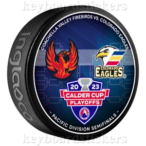 2023 AHL Calder Cup Playoffs Puck Coachella Valley Firebirds vs Colorado Eagles - Foto 1 di 2