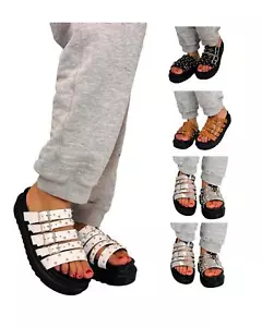 LADIES SUMMERS CHUNKY STUDDED STRAPS SANDALS SLIDERS - Picture 1 of 6