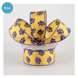 Yellow Gold Satin Purple Paw Prints 1.5" Wired Ribbon Cat Dog Pet Paws By Yard - Picture 1 of 2