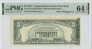 1977 $5 FRN Offset Printing Error1974-B PMG CH Unc 64 EPQ - Picture 1 of 2